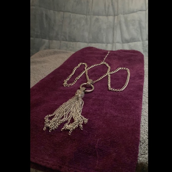 Silver Chain Tassle Long Necklace with Rhinestone Clasps and Heart Clasp - Picture 4 of 11